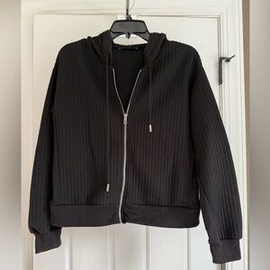 T Tahari Black Ribbed Sweater Hoodie Jacket size small